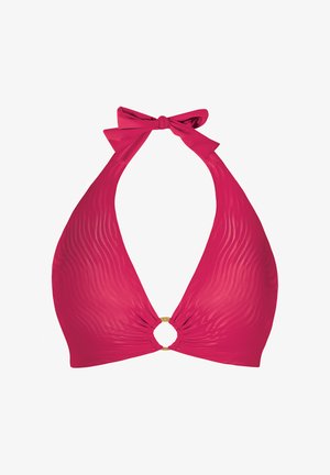 Jaskrawo różowy biustonosz bikini na halterze z dekoltem w kształcie litery V, teksturowanymi falami oraz złotym akcentem w postaci pierścionka na środku. Związany na szyi kokardką.
