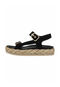 Sandalo nero in suede con due cinturini regolabili, un sottopiede intrecciato in juta e una suola in gomma spessa. Progettato con lati aperti per una migliore traspirabilità.
