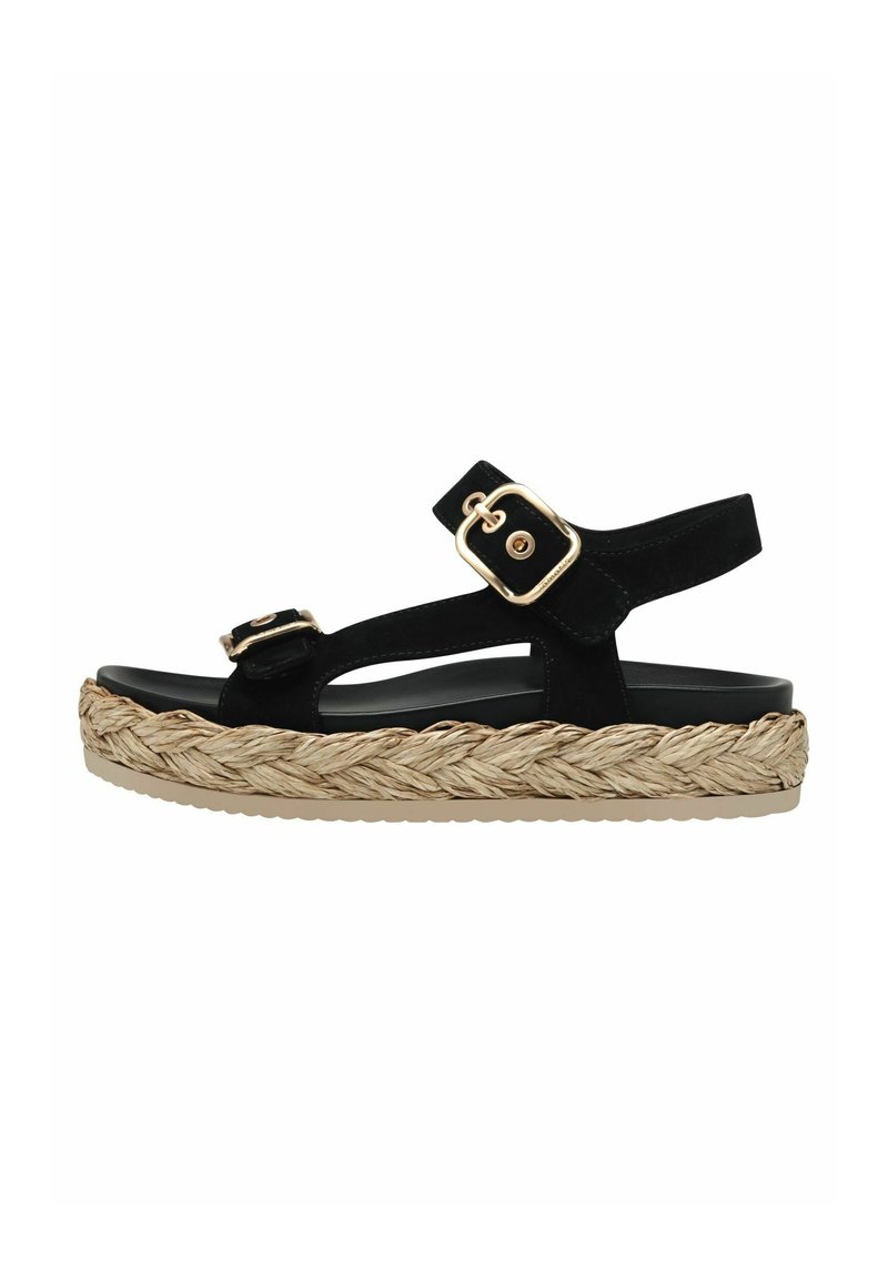 Sandalo nero in suede con due cinturini regolabili, un sottopiede intrecciato in juta e una suola in gomma spessa. Progettato con lati aperti per una migliore traspirabilità.