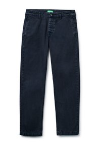 Tmavě modré džínové kalhoty se střihem rovného střihu, s předními kapsami, zapínáním na knoflíky a texturovanou látkou.
