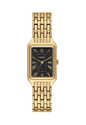Gold-tone rectangular Fossil wristwatch with black dial, gold Roman numerals, three hands, date window at 6 o'clock, and linked metal bracelet.