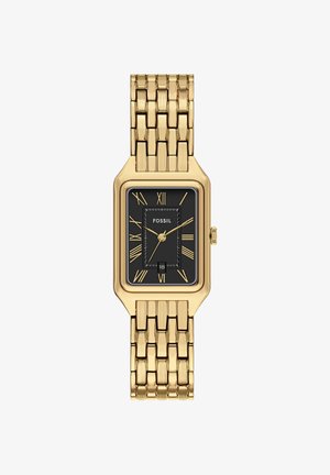 Gold-tone rectangular Fossil wristwatch with black dial, gold Roman numerals, three hands, date window at 6 o'clock, and linked metal bracelet.