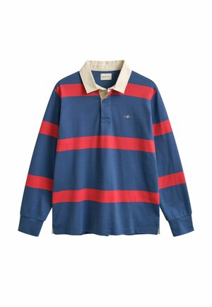 Maillot de rugby à manches longues bleu marine avec de larges rayures horizontales rouges et un col beige, arborant un petit logo brodé sur la poitrine.