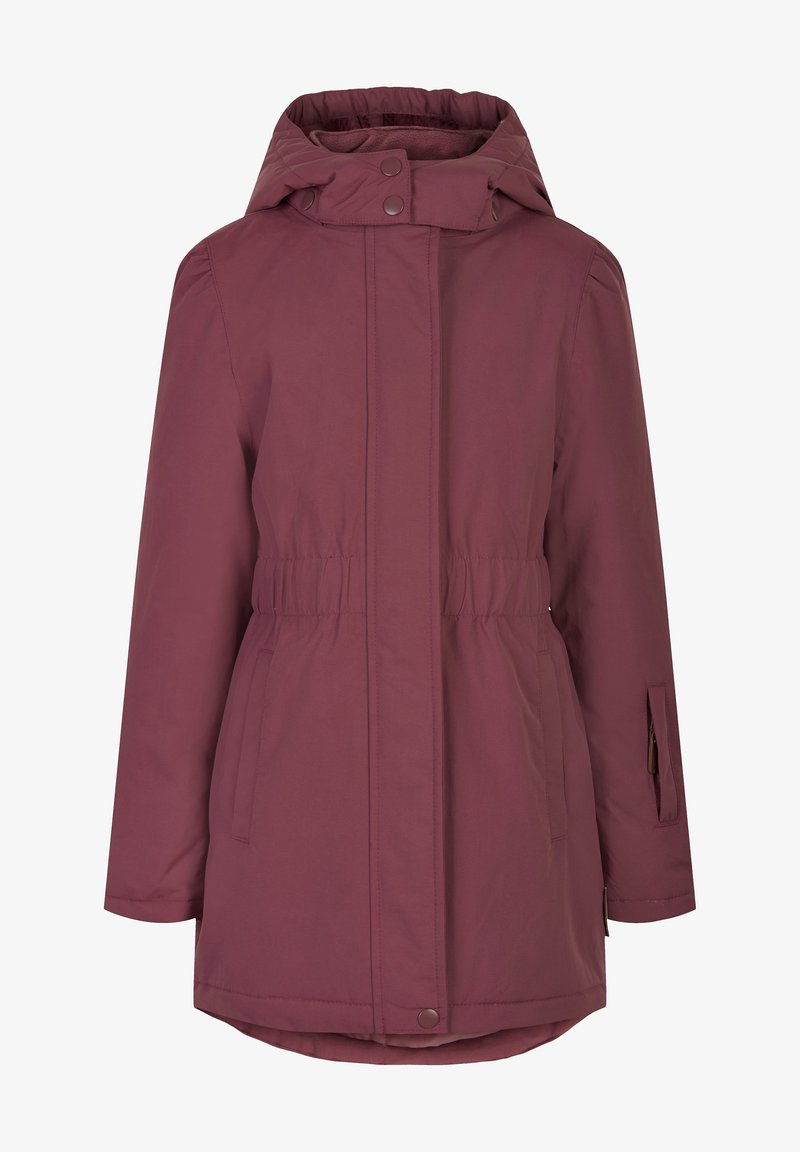Manteau d'hiver mauve avec capuche, boutons-pression à l'avant, taille élastique, poches latérales et une poche zippée sur la manche gauche.
