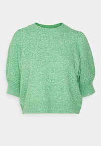 Maglione verde a maglia testurizzata con scollatura rotonda e maniche corte a sbuffo. Tessuto morbido con un motivo a macchie sobrie. Design cropped.