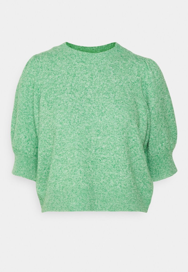Maglione verde a maglia testurizzata con scollatura rotonda e maniche corte a sbuffo. Tessuto morbido con un motivo a macchie sobrie. Design cropped.