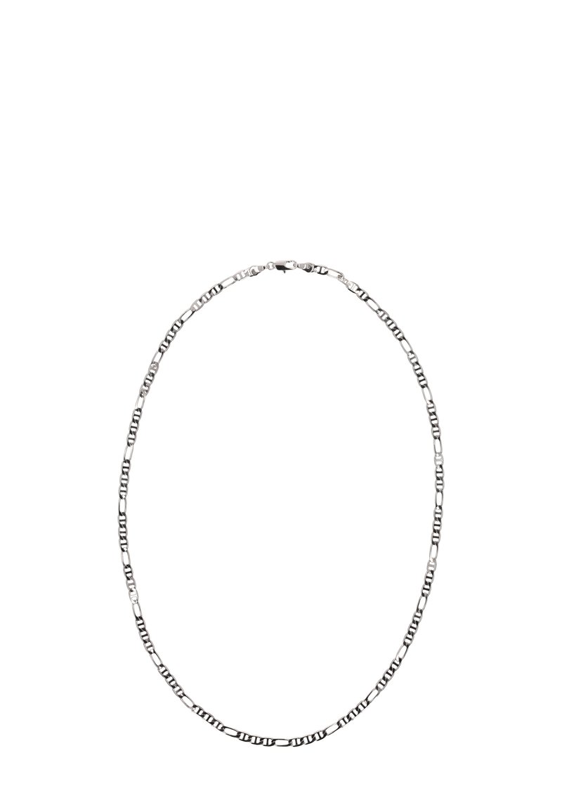 Silberne Kettenhalskette mit ovalen und rechteckigen Gliedern in poliertem Finish, gesichert durch einen einfachen Verschluss.