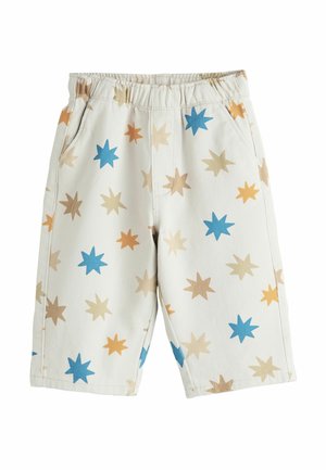 Cotton shorts with an elastic waistband, featuring a light cream background and star-shaped patterns in blue, tan, and gold.