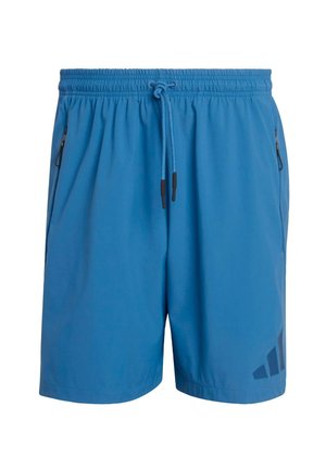 Blauwe sportshorts van lichtgewicht stof, voorzien van een elastische tailleband met trekkoord, twee zijzakken met rits en logo-accenten.