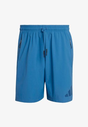 Pantaloncini sportivi blu realizzati in tessuto leggero, con fascia elastica in vita dotata di coulisse, due tasche laterali con zip e dettagli con logo.