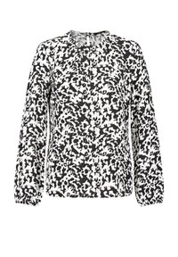 Schwarz-weiße Bluse mit langen Ärmeln, einem verstreuten abstrakten Muster, Rundhalsausschnitt und elastischen Bündchen; glatte Stofftextur.