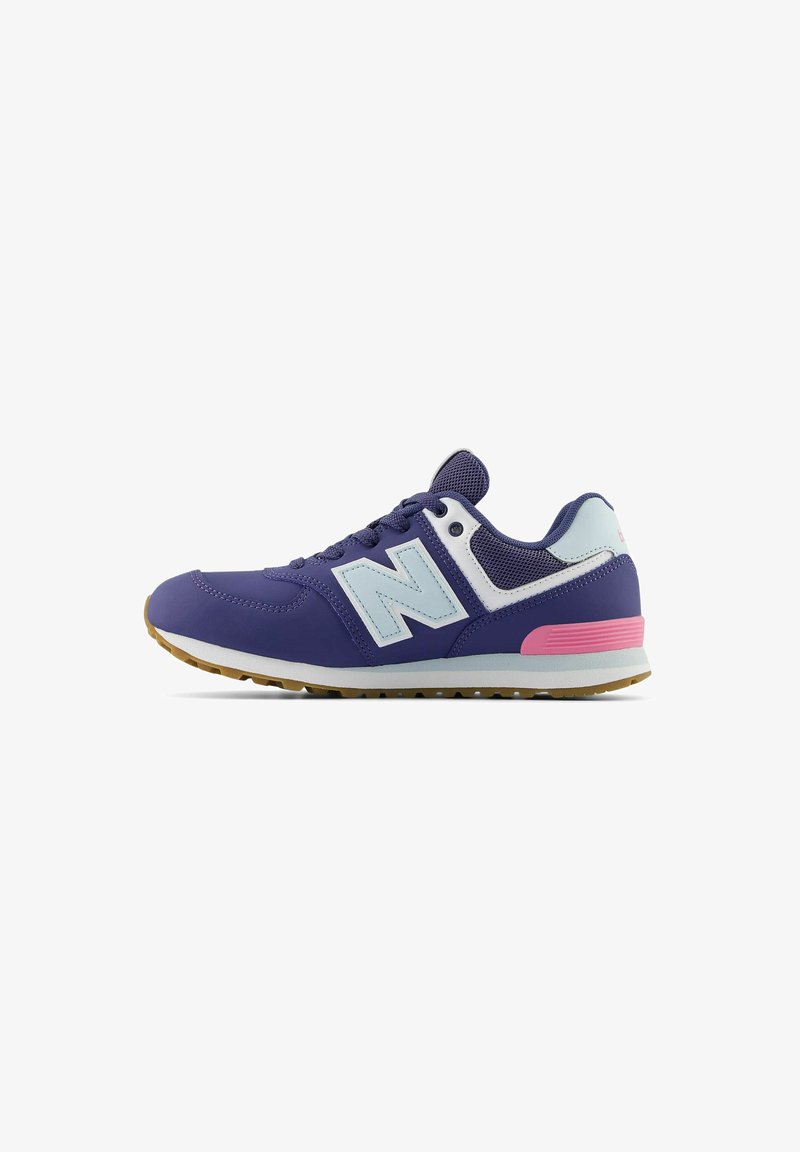 Purple and light blue athletic sneaker with white sole, pink heel detail, mesh upper, and a large "N" logo on the side.