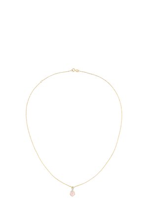 Auksinė grandinėlė su rožiniu akmeniu, glotnaus dizaino, su subtilia tekstūra ir lengvu blizgesiu.