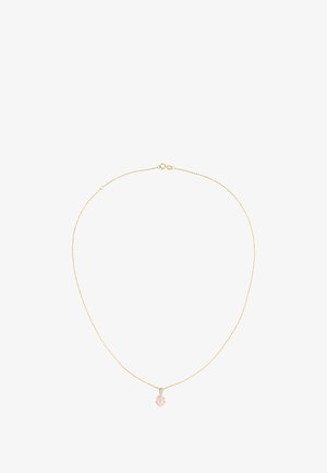 Gul kæderekke med en pink ædelsten vedhæng, glat designet med en delikat tekstur og subtil glans.