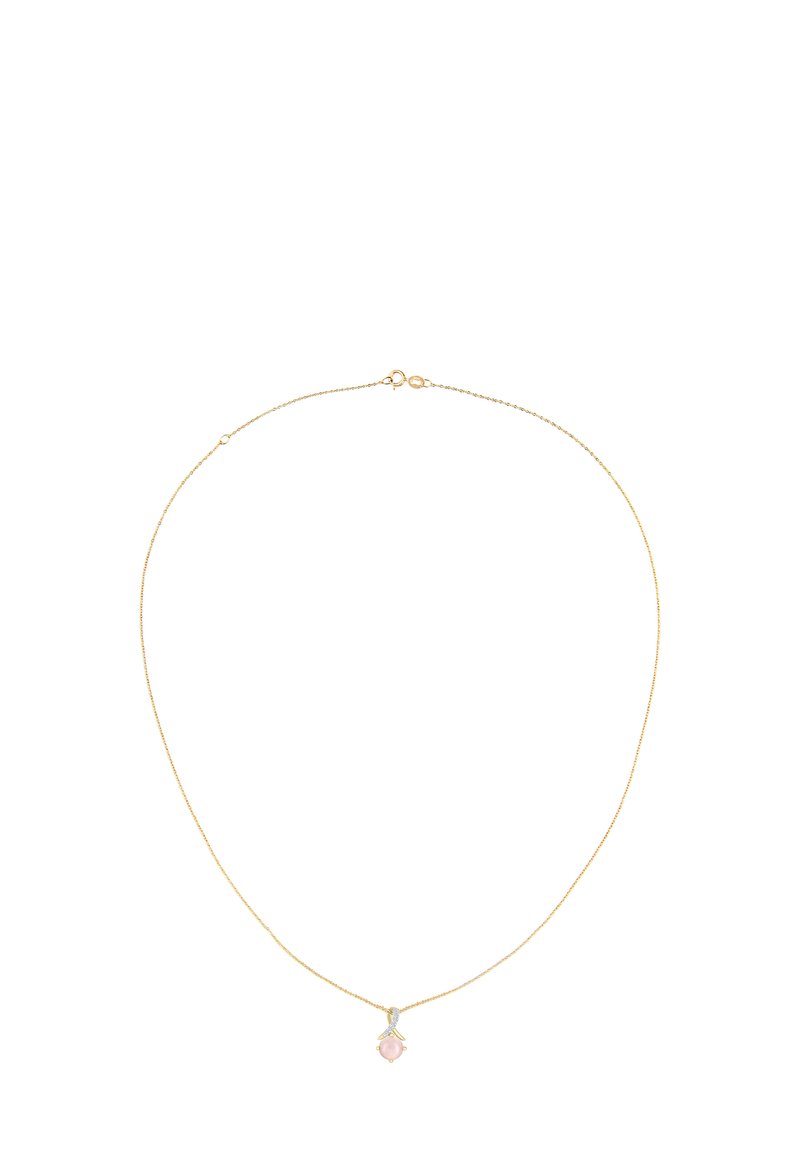 Zelta ķēdes kaklarota ar rozā dārgakmeni, gludi veidota ar smalku tekstūru un maigu mirdzumu.