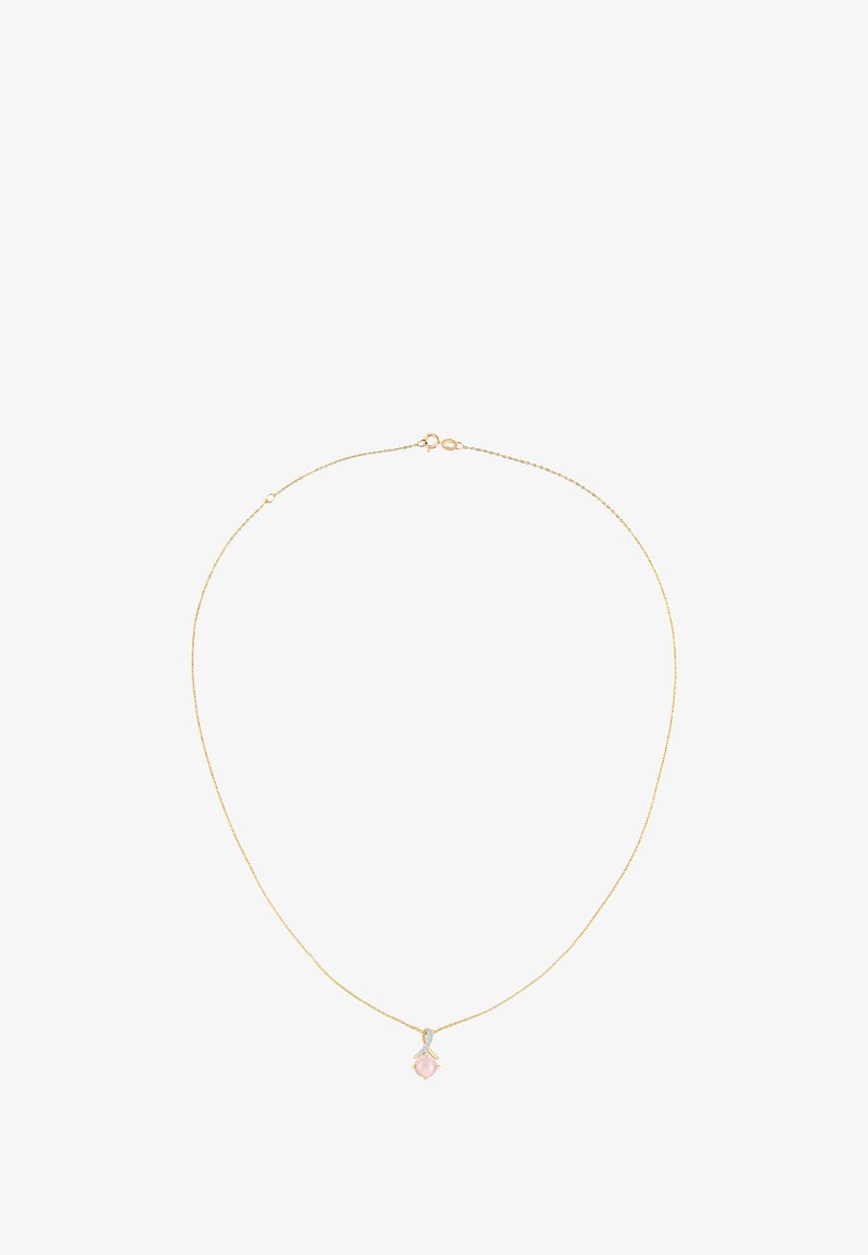 Zelta ķēdes kaklarota ar rozā dārgakmeni, gludi veidota ar smalku tekstūru un maigu mirdzumu.