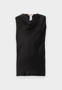 Top preto sem mangas com decote drapeado, feito de tecido suave, com um brilho subtil e sem fechos ou adornos visíveis.