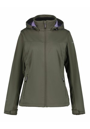 Olive green women’s hooded softshell jacket with front zipper, side pockets with purple zipper pulls, and adjustable wrist straps.