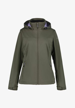 Olive green women’s hooded softshell jacket with front zipper, side pockets with purple zipper pulls, and adjustable wrist straps.