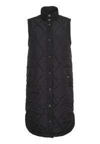 Gilet sans manches matelassé noir avec un col haut, fermeture à boutons-pression, poches latérales et un ourlet arrondi pour un ajustement décontracté. Finition texturée.