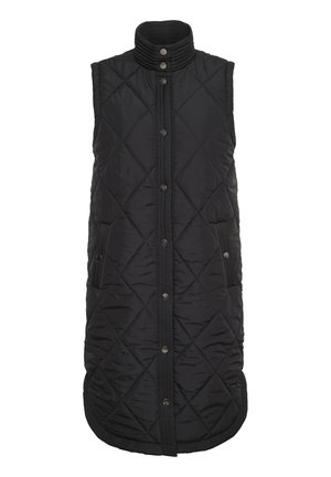 Black quilted sleeveless vest with a high collar, snap button closure, side pockets, and a curved hem for a relaxed fit. Textured finish.
