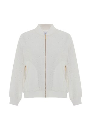 Bílá bomber bunda na zip s očkovým vzorem, žebrovaným límcem a manžetami, zlatým zipem a dvěma bočními kapsami. Měkká, texturovaná látka.