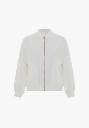 Valkoinen vetoketjullinen bomber-takki, jossa on silmukkakuvio, ribbauskaulus ja -hiharesorit, kultainen vetoketju ja kaksi sivutaskua. Pehmeä, teksturoitu kangas.