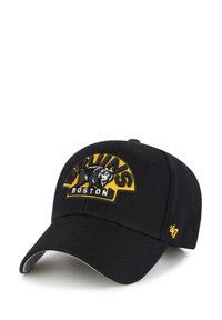 Cappellino da baseball nero con il logo dei Boston Bruins ricamato in giallo e bianco. Mostra "BRUINS" sopra un'immagine di un orso. Tessuto texturizzato.