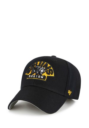 Cappellino da baseball nero con il logo dei Boston Bruins ricamato in giallo e bianco. Mostra "BRUINS" sopra un'immagine di un orso. Tessuto texturizzato.