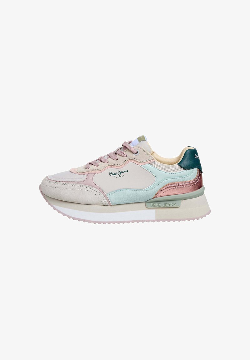 Low-top Pepe Jeans sneaker in beige, pink, mint, and metallic rose with textured sole and logo on side and heel tab.