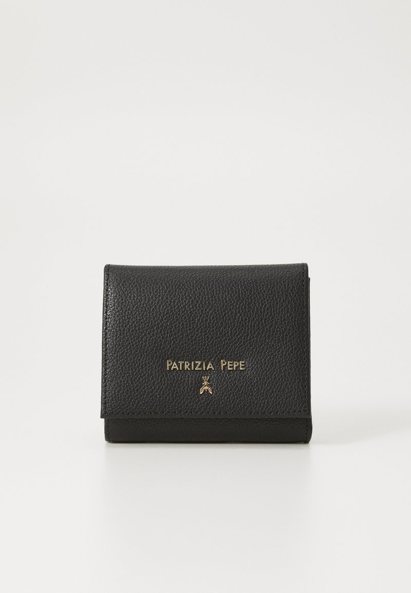 Black leather wallet with a textured finish, featuring a fold-over design and gold logo detailing on the front.