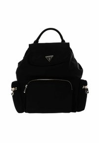 Crni najlon ruksak s prednjim džepom na zip, poklopcem sa vrha i trokutastim logom. Ima metalne dijelove i podesive naramenice.