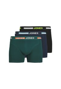 Drie paren boxershorts in donkergroen, marineblauw en zwart, met contrasterende elastische taillebanden met "JACK & JONES"-branding.