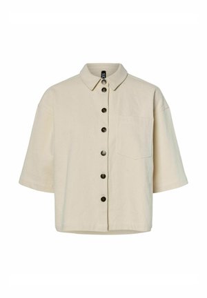 Beige short-sleeve button-up shirt made of soft fabric, featuring a collar, front pocket, and dark buttons along the placket.