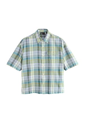 Herre kortærmet skjorte med knapper, i et ternet mønster i grøn, blå og hvid, med en enkelt brystlomme.