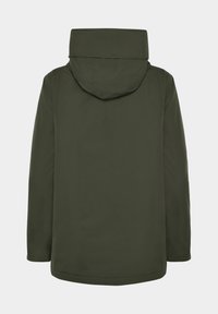 Donkergroene jas met capuchon, met een gladde textuur en een rechte snit, eenvoudig ontwerp, geen zichtbare hardware of accenten.
