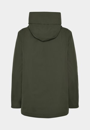 Olivgrüne, wasserdichte Jacke mit Kapuze, langen Ärmeln und geradem Schnitt. Glatte Textur ohne sichtbare Marken oder Muster.