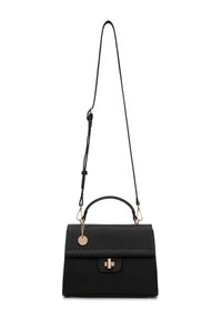 Borsa a tracolla in pelle nera con un design strutturato, tracolla removibile, manico superiore e dettagli in metallo dorato. Esterno texturizzato.