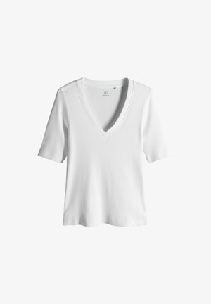 White short-sleeve ribbed t-shirt with a deep V-neckline, featuring a smooth texture and straight hemline. Simple, clean design.