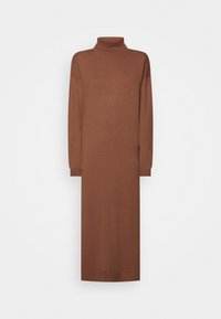 Brun polotröja klänning, långa ärmar, knälängd, tillverkad av mjukt material med en slät textur, med en enkel, minimalistisk design.