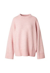 Helles rosa gestricktes Sweatshirt mit einem hohen, gerippten Kragen, weiten Ärmeln und einer lockeren Passform. Verfügt über einen gerippten Saum und eine weiche Textur.
