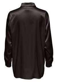 Chemise en satin brun foncé à manches longues avec col et poignets boutonnés, vue de dos sur fond blanc.