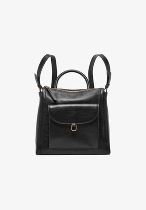 Sort læder rygsæk med dobbelte håndtag og justerbare stropper. Lynlåslukning øverst, forsyningslomme med klap og guld hardware detalje.