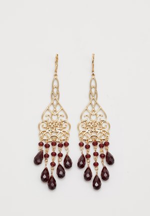 Gold filigree earrings with intricate lattice design, adorned with multiple dangling faceted dark red teardrop beads.