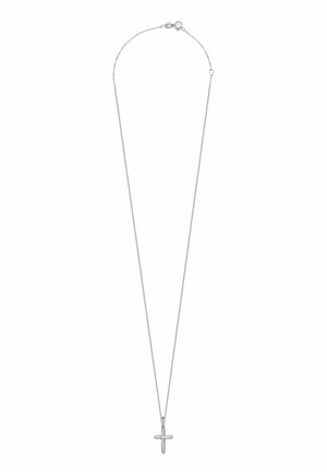 Collana in argento con un semplice pendente a croce, caratterizzata da una texture liscia e un design minimalista. La croce è posizionata al centro della catena.
