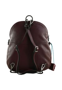 Zaino in pelle trattata di colore marrone scuro, con spallacci regolabili, ganci in metallo argentato e una cerniera sul lato destro con un cordino blu.