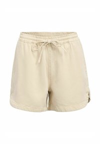 Beige bomuldsshorts med elastisk talje, snøre detalje og sidelommer. Har en opsmændt kant med diskret søm.