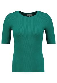 Teal ribbed knit top with a round neckline and short sleeves, featuring a fitted silhouette and textured fabric. No notable patterns or accents.