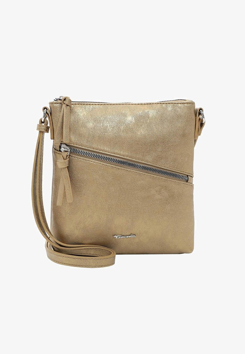 Metalická zlatá crossbody kabelka vyrobená z hladké umělé kůže, s přední kapsou na zip a tenkým nastavitelným popruhem. Detaily loga Tamares.