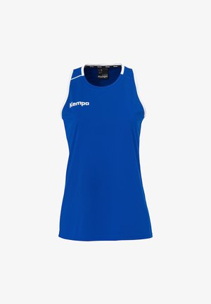 Maglietta atletica senza maniche blu realizzata in tessuto liscio, con un accento bianco sulle spalle e il logo 'Kempa' sulla parte anteriore.
